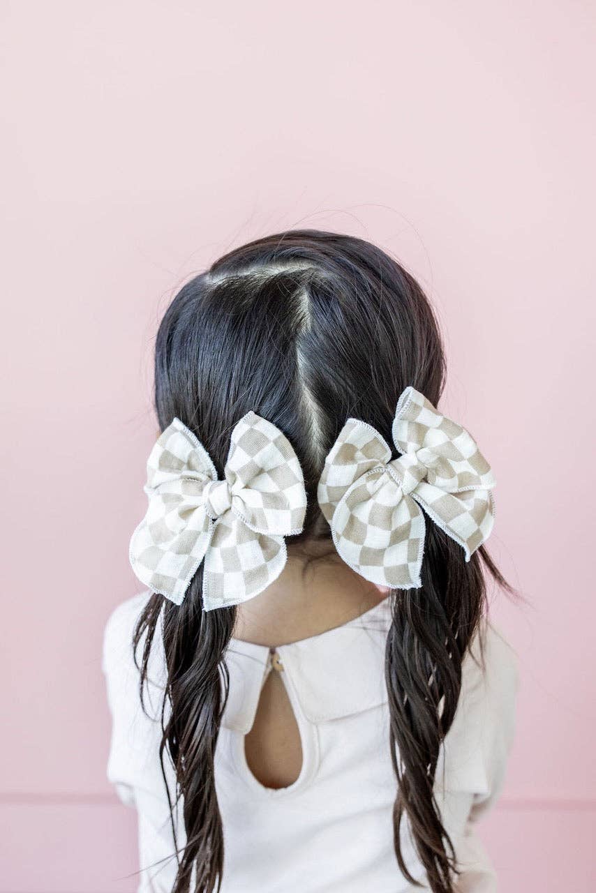 Modern Piggy - Checkerboard - Tan | Pigtail Set - Petite Party Bow