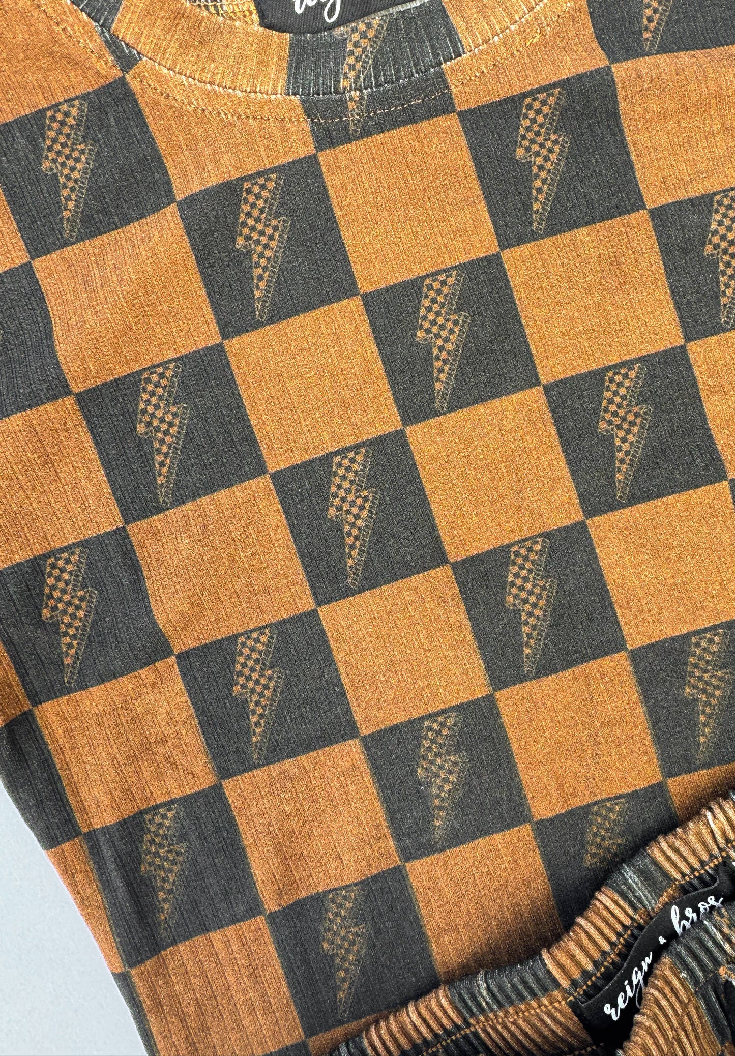 Brown Checkered Lightning Bolt Ribbed Lounge Short Set