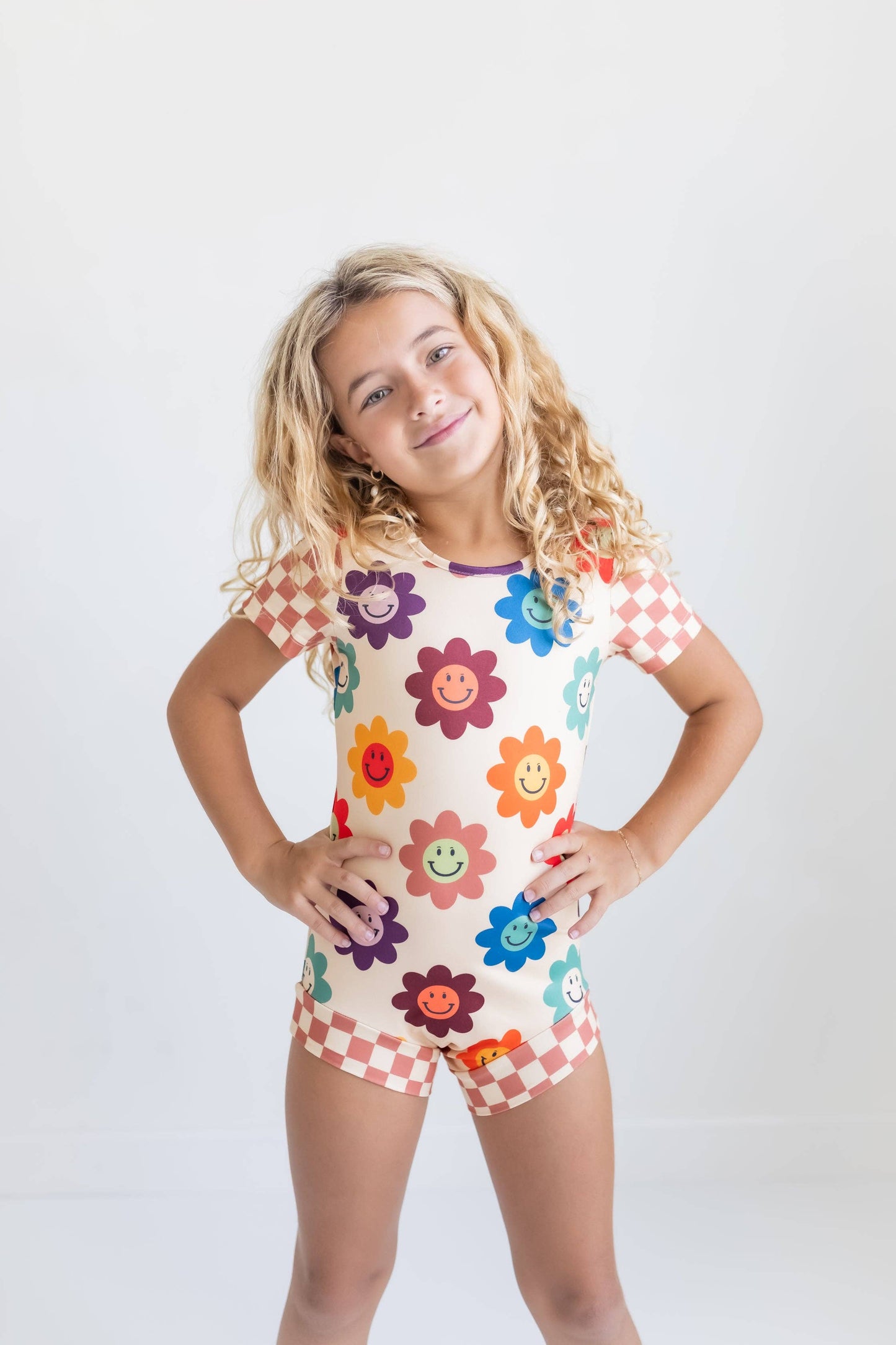 Oopsie Daisy - Kids Rainbow Retro Smiley Face Checkered Dance Gym Leotard