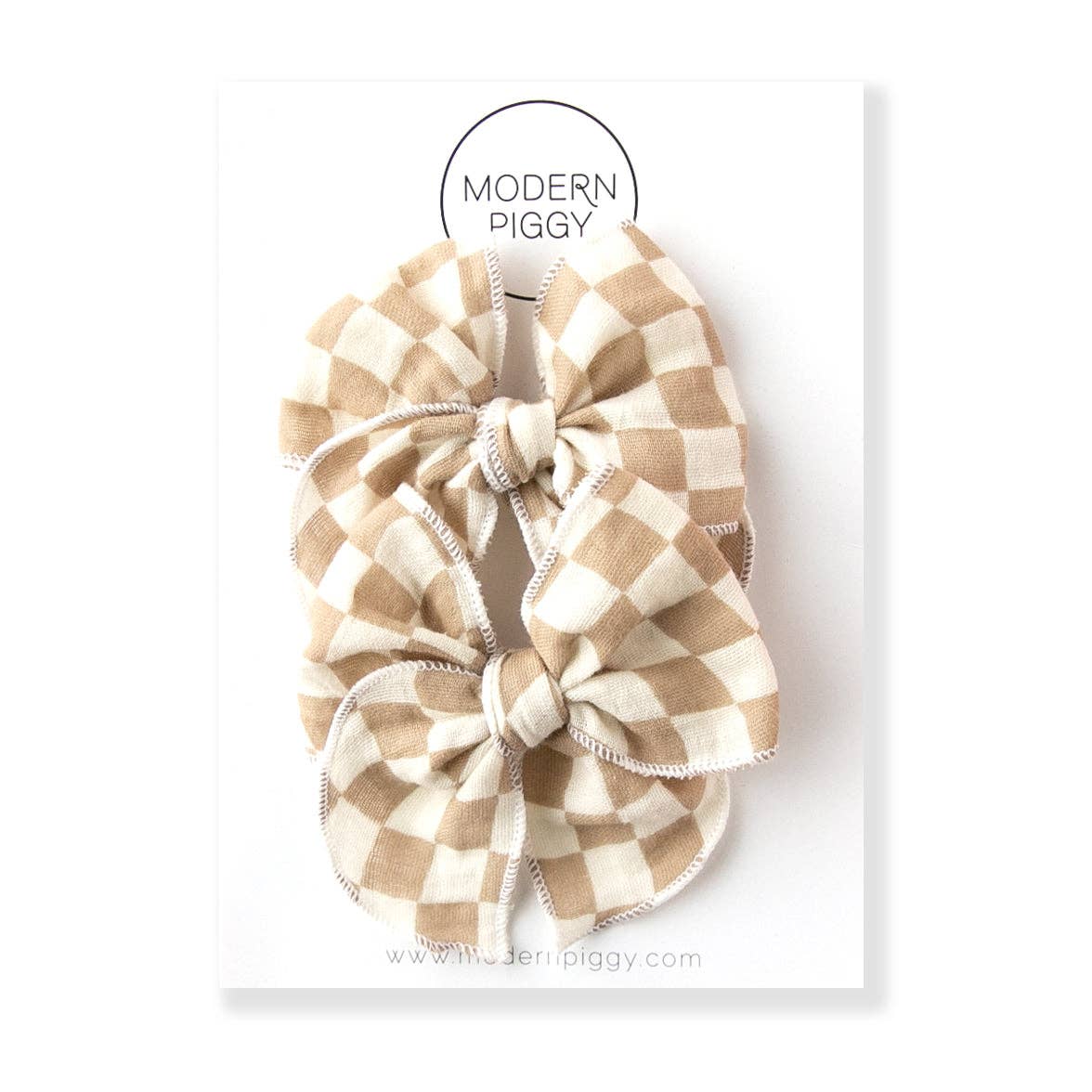 Modern Piggy - Checkerboard - Tan | Pigtail Set - Petite Party Bow