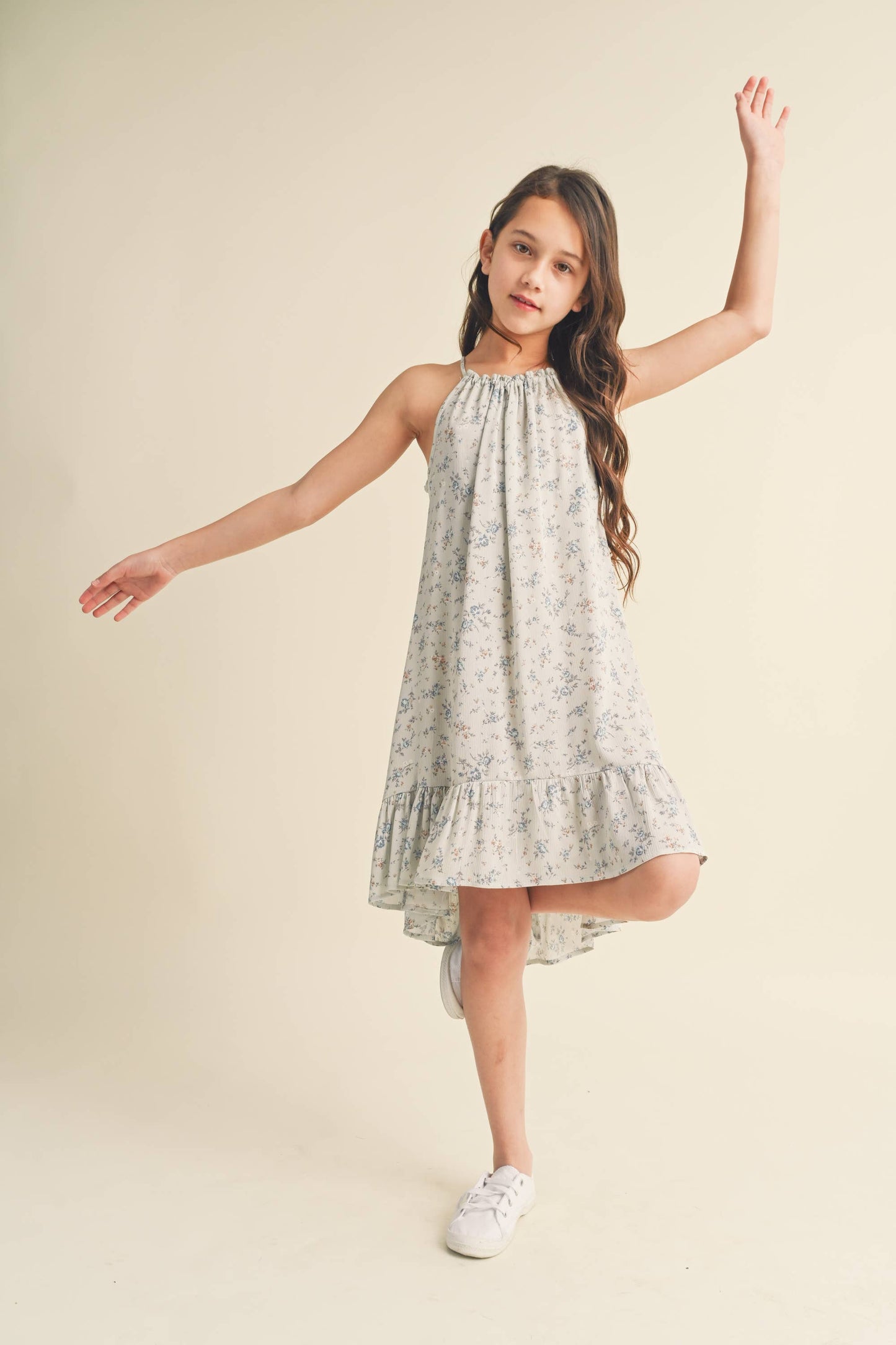 heart and arrow - TWEEN KIDS GIRLS HALTER FLOUNCE DRESS: Sage/stone blue