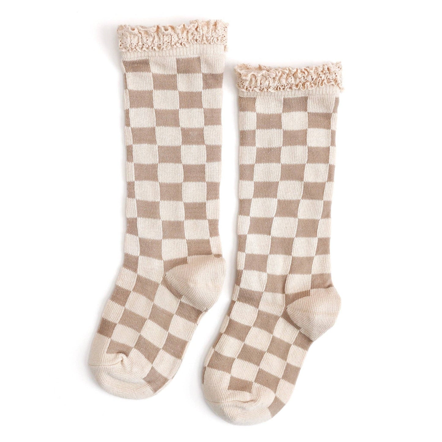 Little Stocking Co. - Checkered Lace Top Knee High Socks - Vanilla/Oat