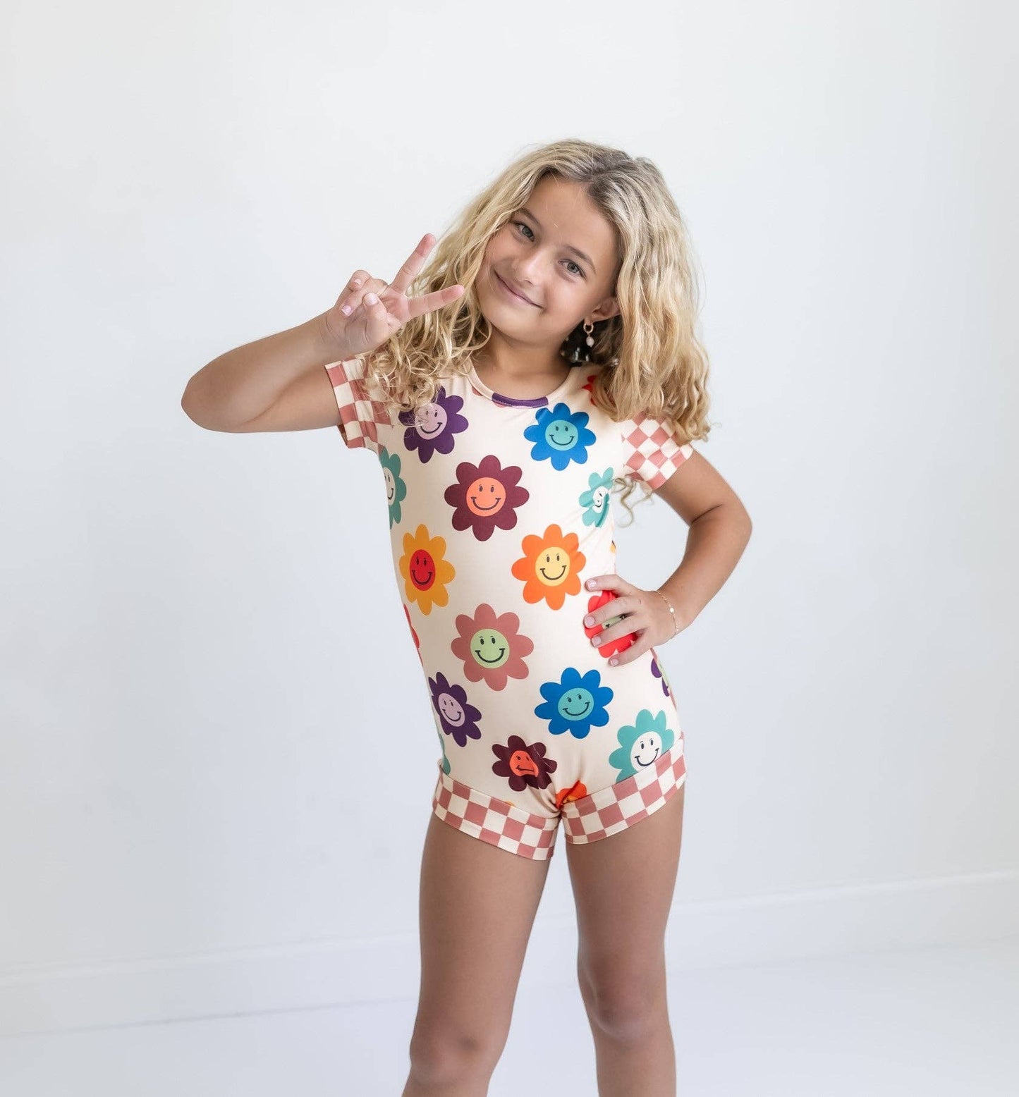 Oopsie Daisy - Kids Rainbow Retro Smiley Face Checkered Dance Gym Leotard
