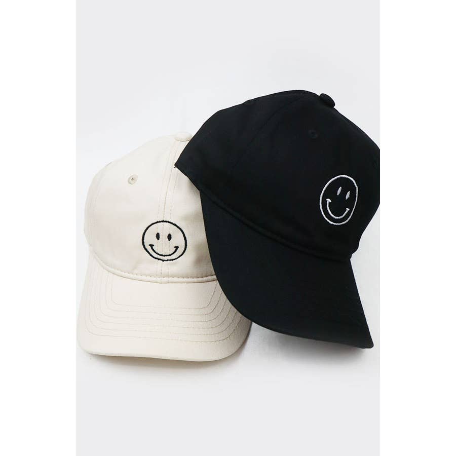 Smiley Face Embroidered Baseball Cap: BEIGE