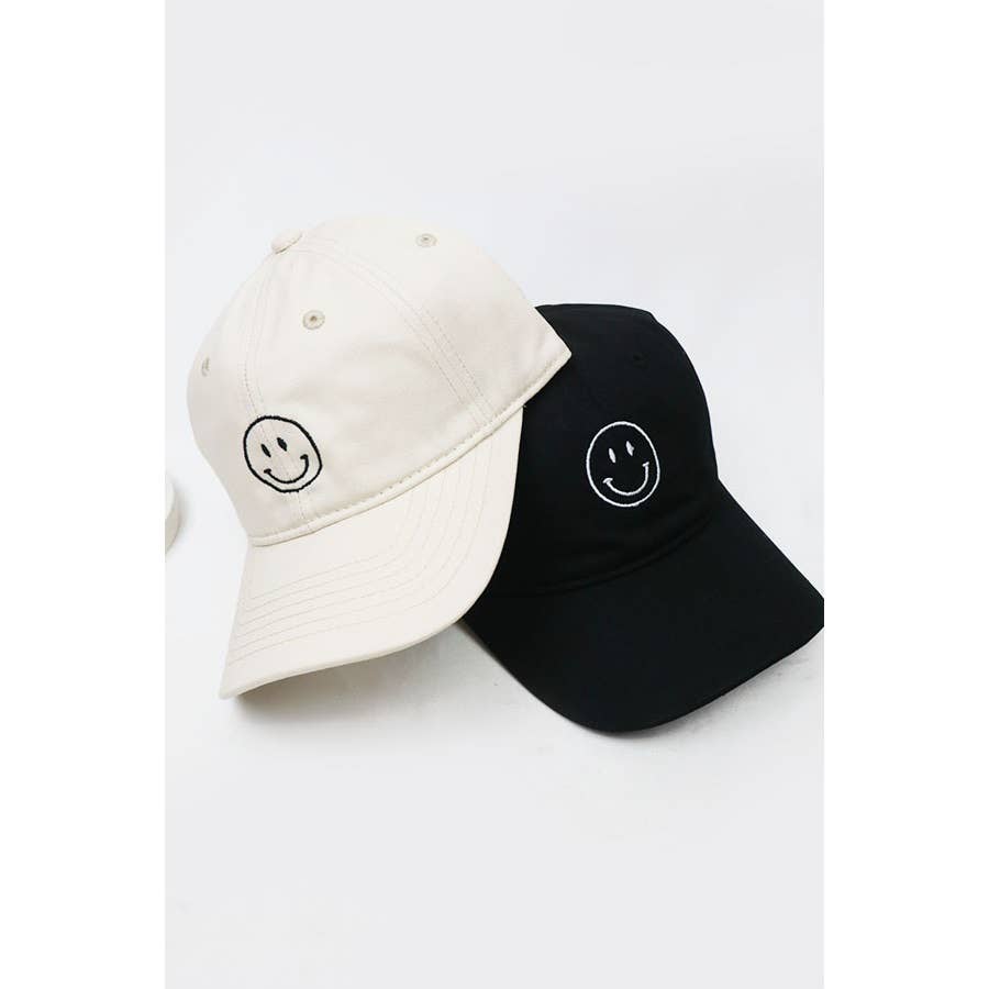 Smiley Face Embroidered Baseball Cap: BEIGE