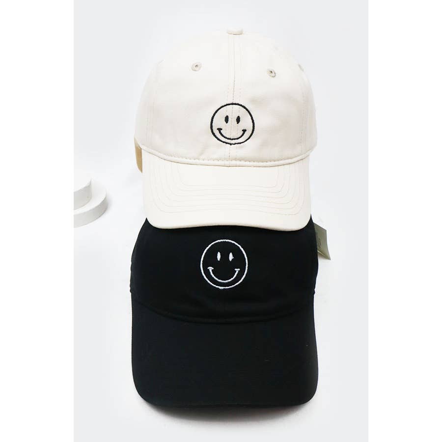 Smiley Face Embroidered Baseball Cap: BEIGE