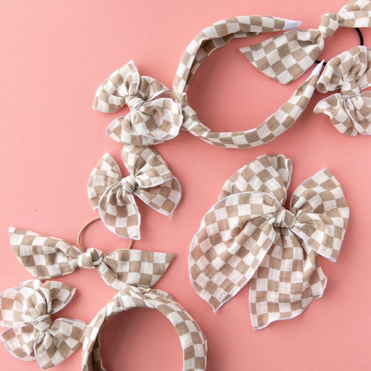 Modern Piggy - Checkerboard - Tan | Pigtail Set - Petite Party Bow