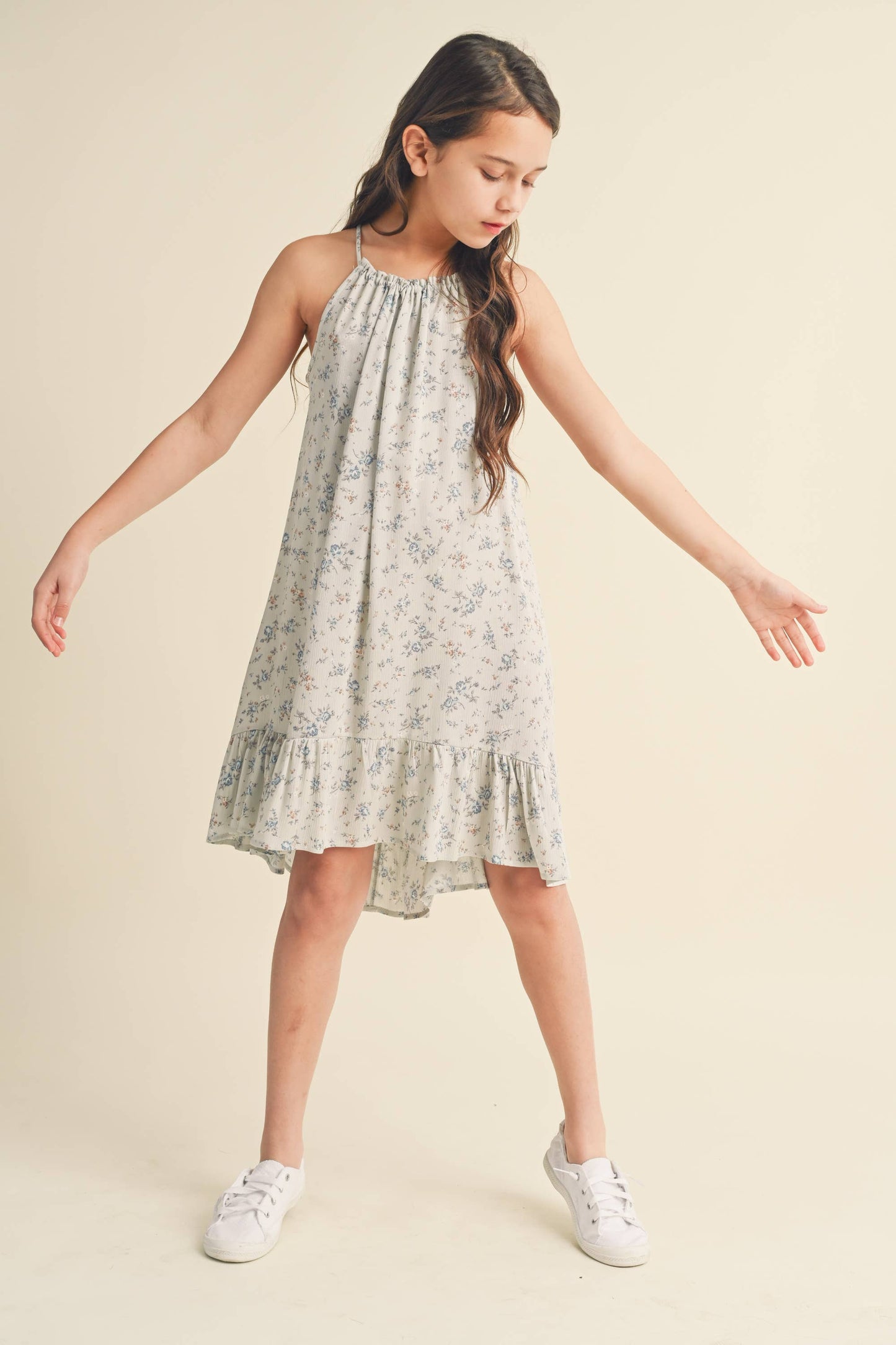 heart and arrow - TWEEN KIDS GIRLS HALTER FLOUNCE DRESS: Sage/stone blue