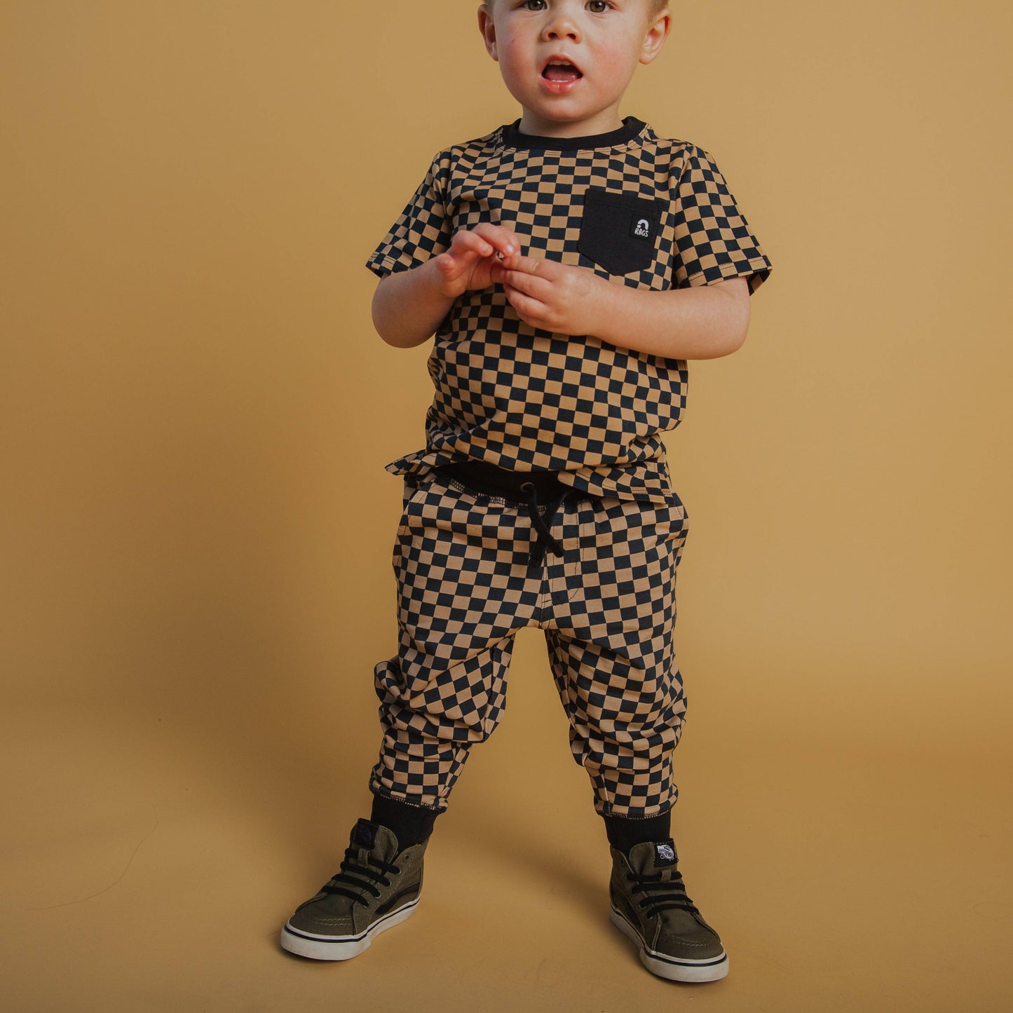 RAGS - Short Sleeve Tee - Black & Tan Check