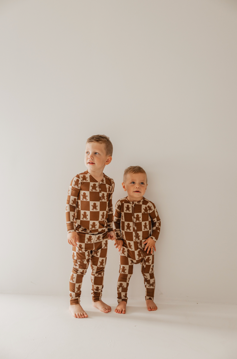 Forever French Baby - Bamboo Zip Pajamas | Gingerbread Checkerboard