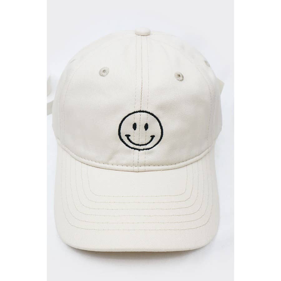 Smiley Face Embroidered Baseball Cap: BEIGE