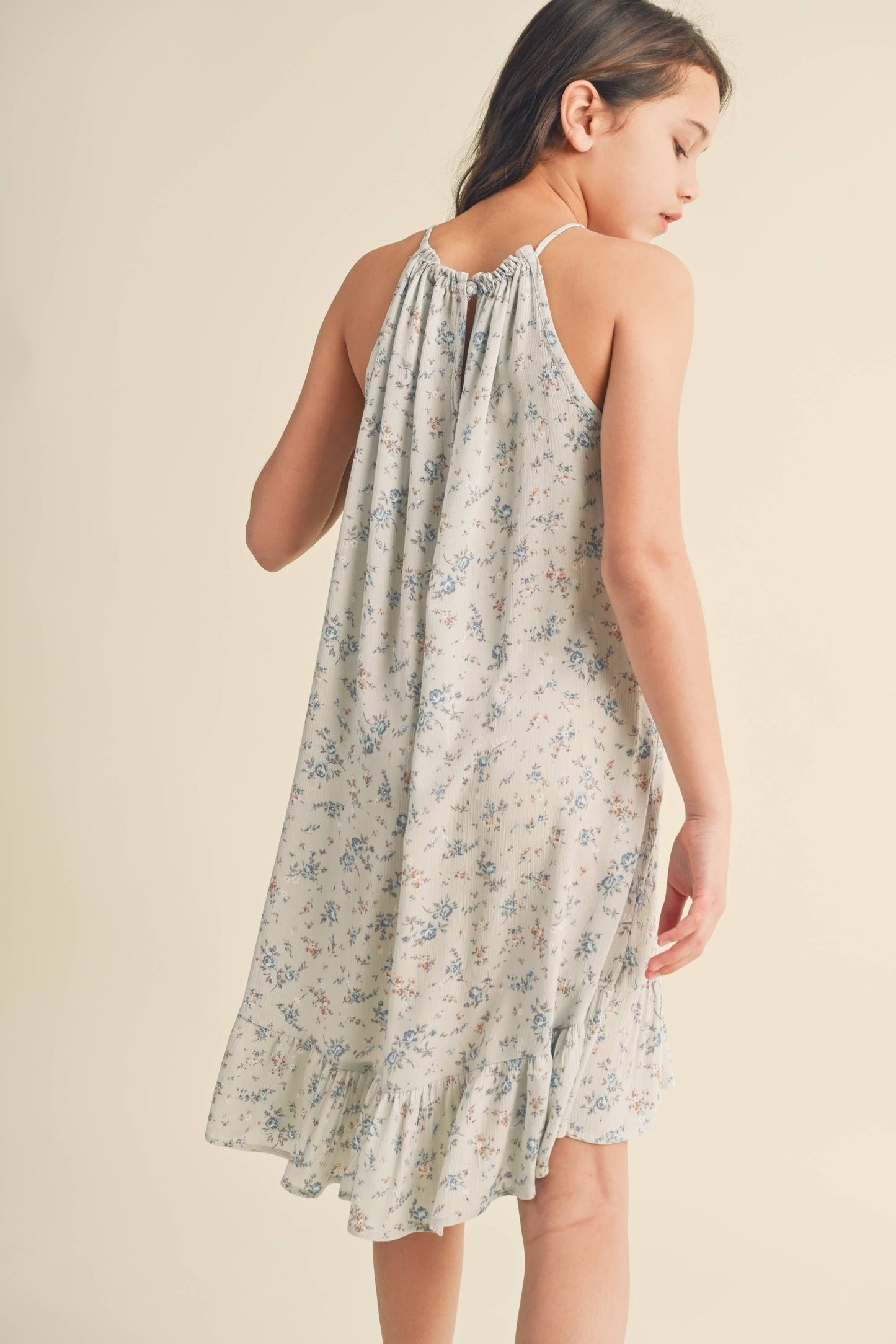 heart and arrow - TWEEN KIDS GIRLS HALTER FLOUNCE DRESS: Sage/stone blue