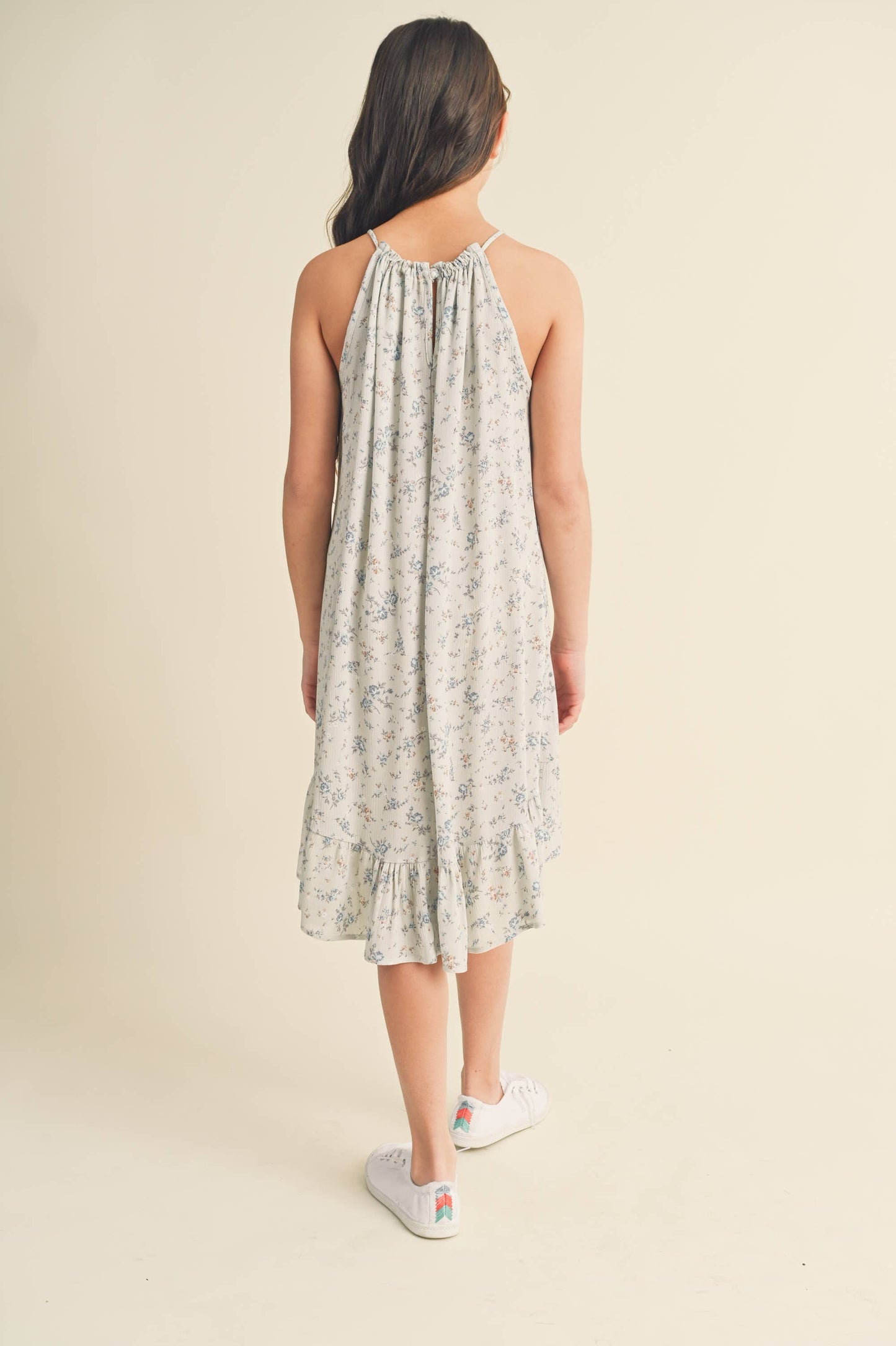 heart and arrow - TWEEN KIDS GIRLS HALTER FLOUNCE DRESS: Sage/stone blue
