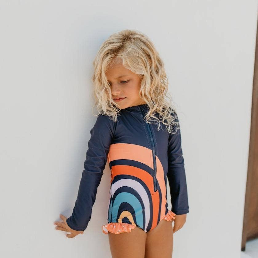 Oopsie Daisy - Kids Rainbow Navy Zip Rash Guard One Piece Swimsuit