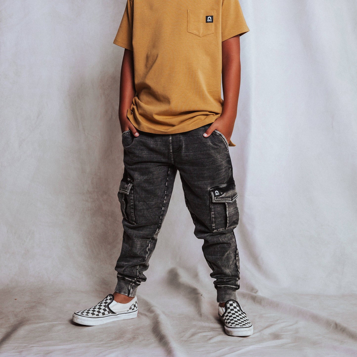 RAGS - Essentials Relaxed Fit Cargo Joggers - Washed Black Denim