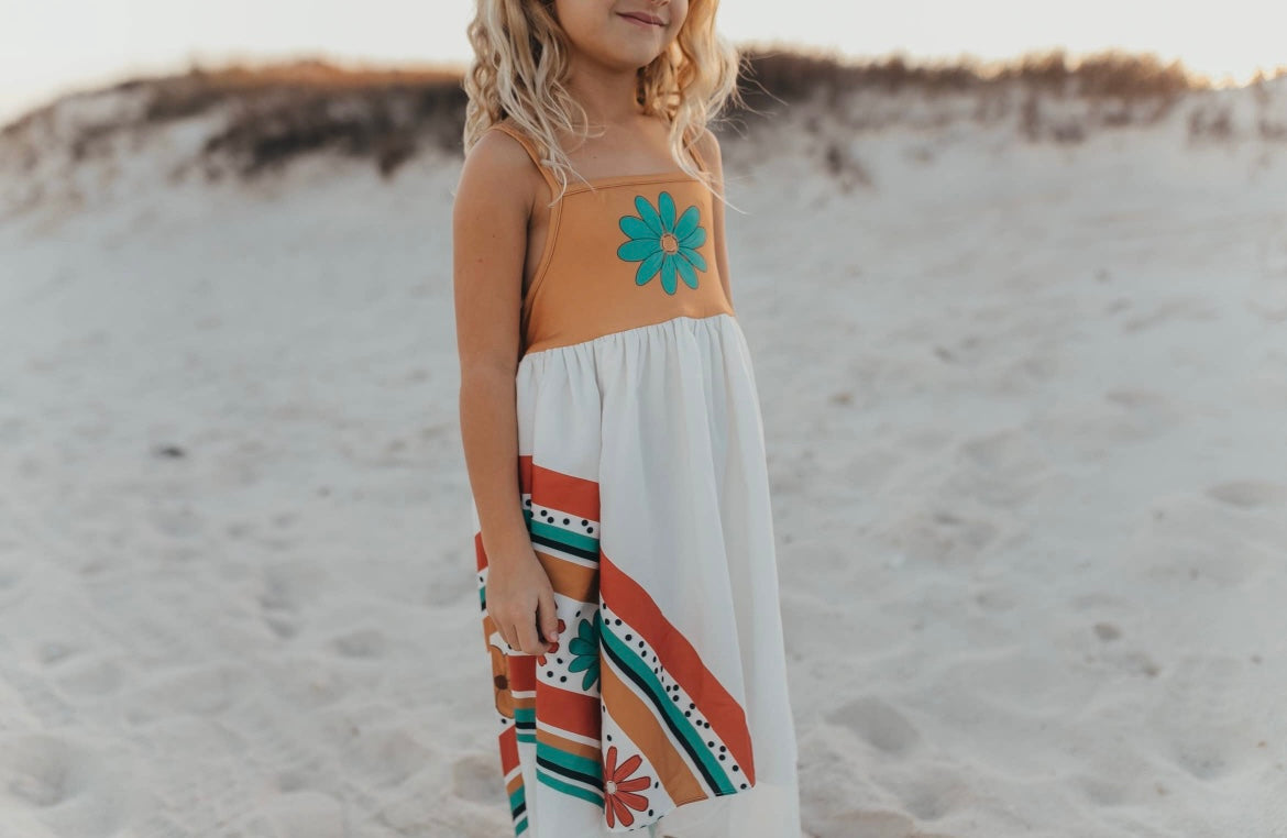 Oopsie Daisy - Kids Mustard Flower Rainbow Spring Summer Dress