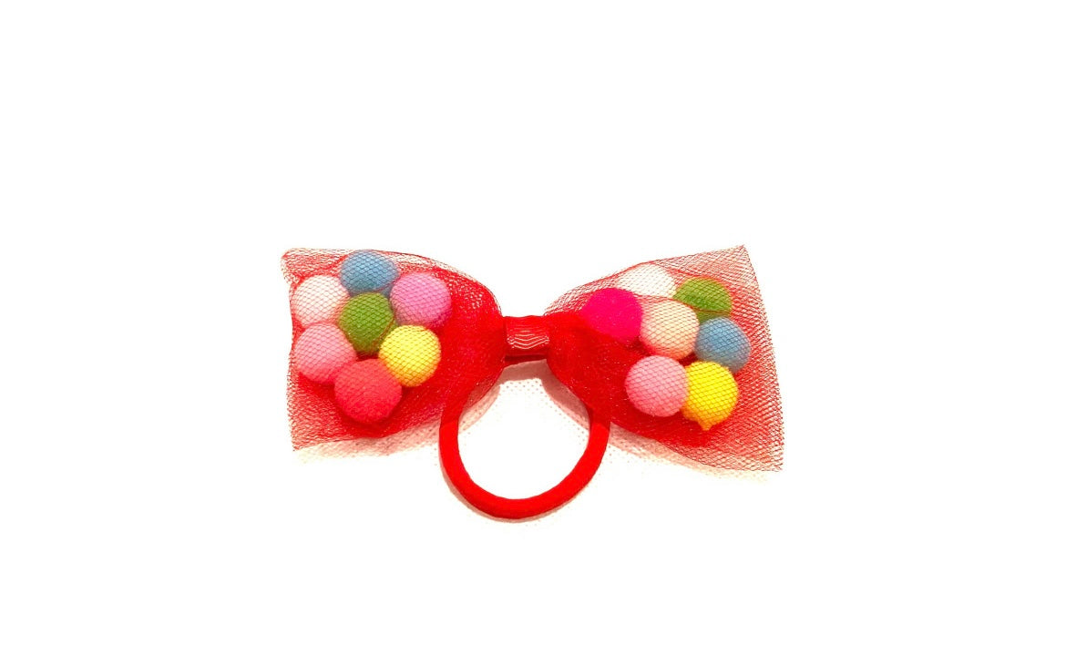 Red Kids Pom Pom Tutu & Bow Hair Tie - 2Pcs