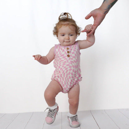 millie + roo - ORGANIC COTTON HENLEY ROMPER- Pink Dizzy Check