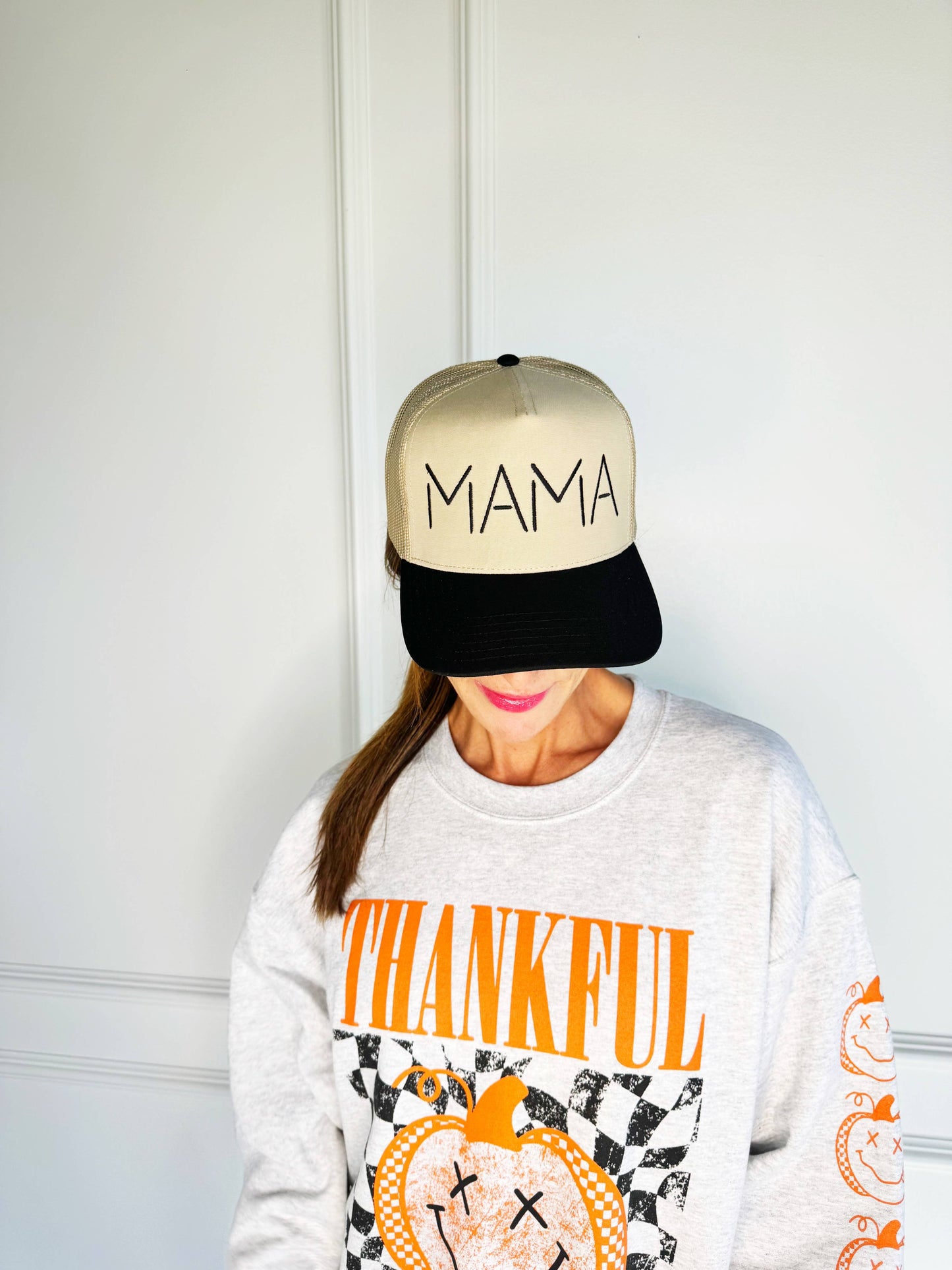 MAMA Trucker Hats: Khaki/ Black Lid -Black Thread