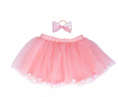 Tutu Skirt | Pom Pom Tutu & Bow Hair Tie 2PC Set | Pink