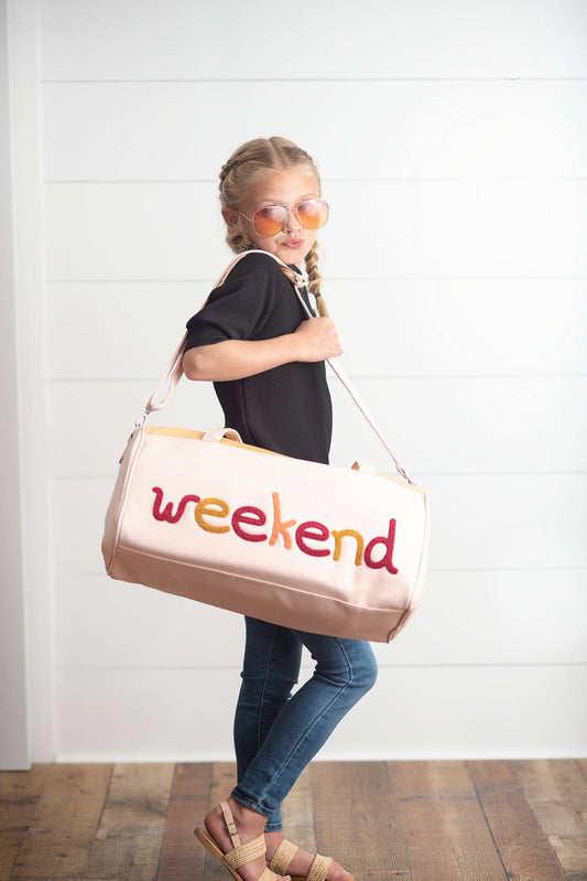 Kids Pink & Tan Fuzzy Letter Weekender Travel Bag: One Size