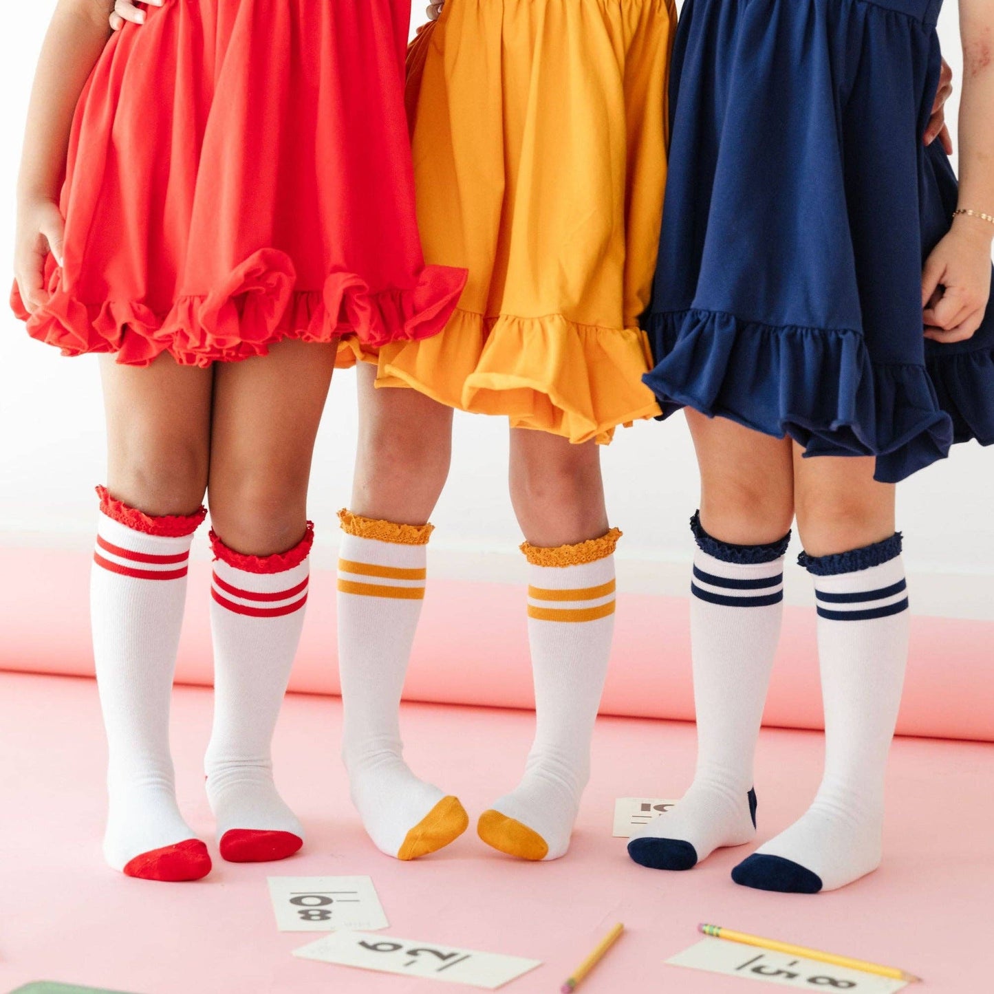 Little Stocking Co. - Apple Red Striped Lace Top Knee High Socks