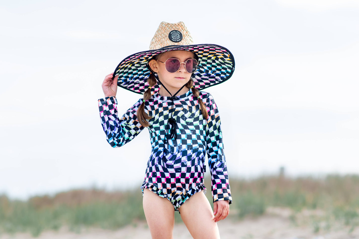 millie + roo - Straw Hat- Neon Dizzy Check