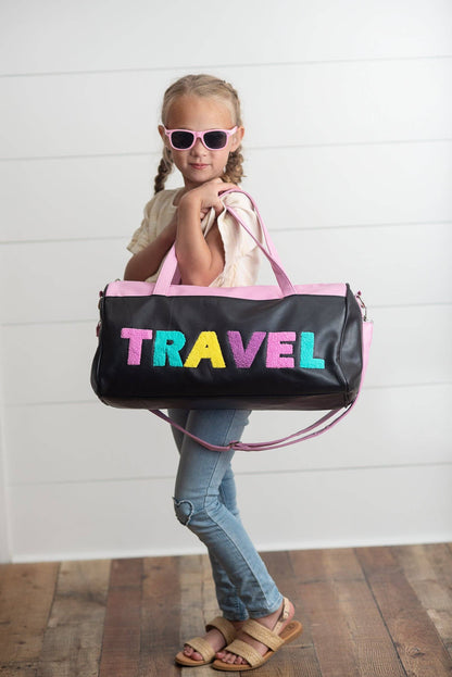 Kids Pink & Black Fuzzy Letter Weekender Travel Bag: One Size