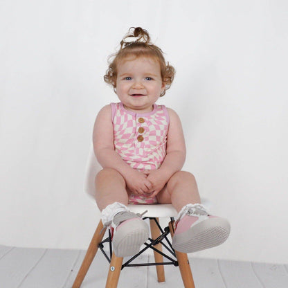 millie + roo - ORGANIC COTTON HENLEY ROMPER- Pink Dizzy Check