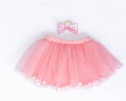 Girls Tutu-Dusty Rose Kids Pom Pom Tutu & Bow Hair Tie 2 piece