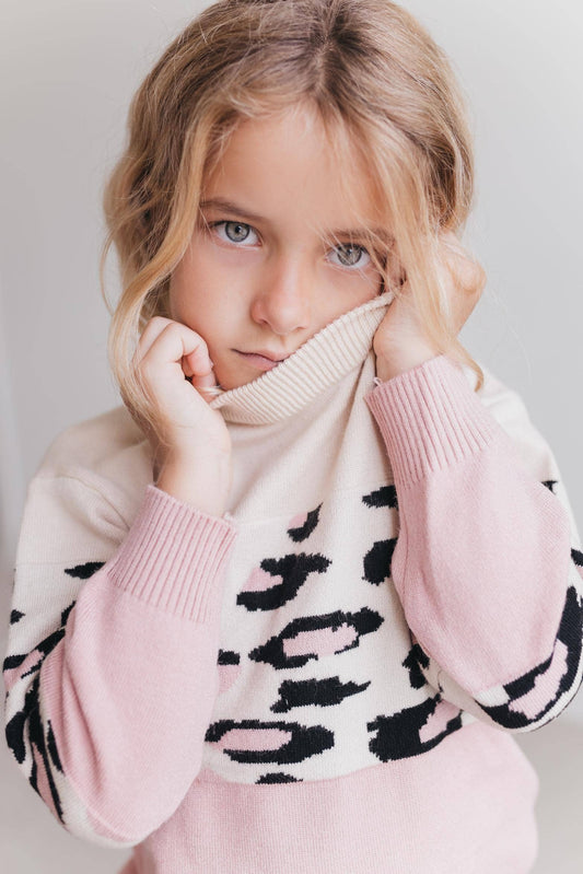 Pink Cream Leopard Crew Neck Fall Winter Sweater