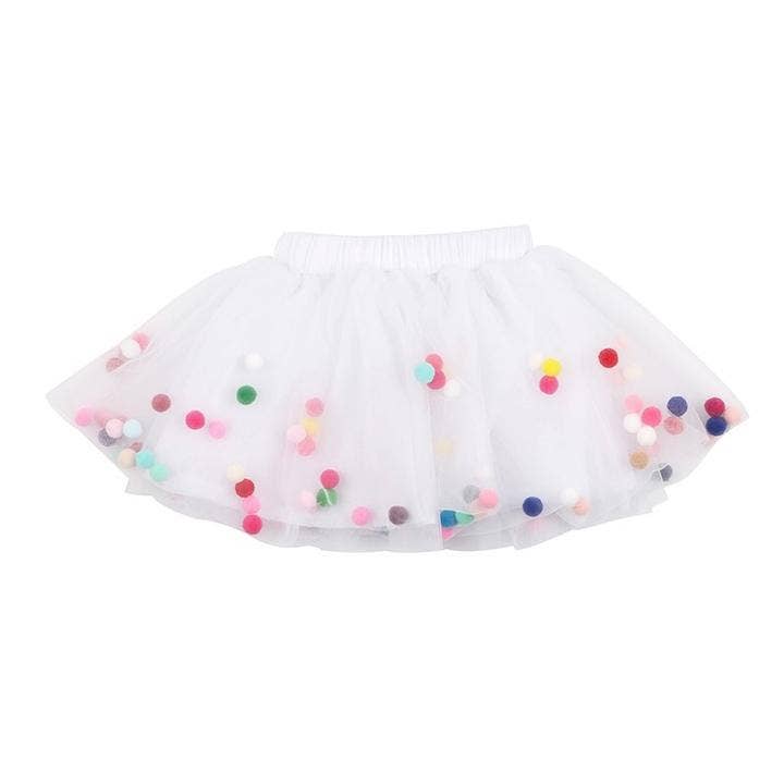 Pom Pom Tutu With Bow Hair Tie - 2Pcs Set | White