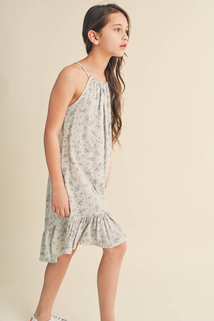 heart and arrow - TWEEN KIDS GIRLS HALTER FLOUNCE DRESS: Sage/stone blue