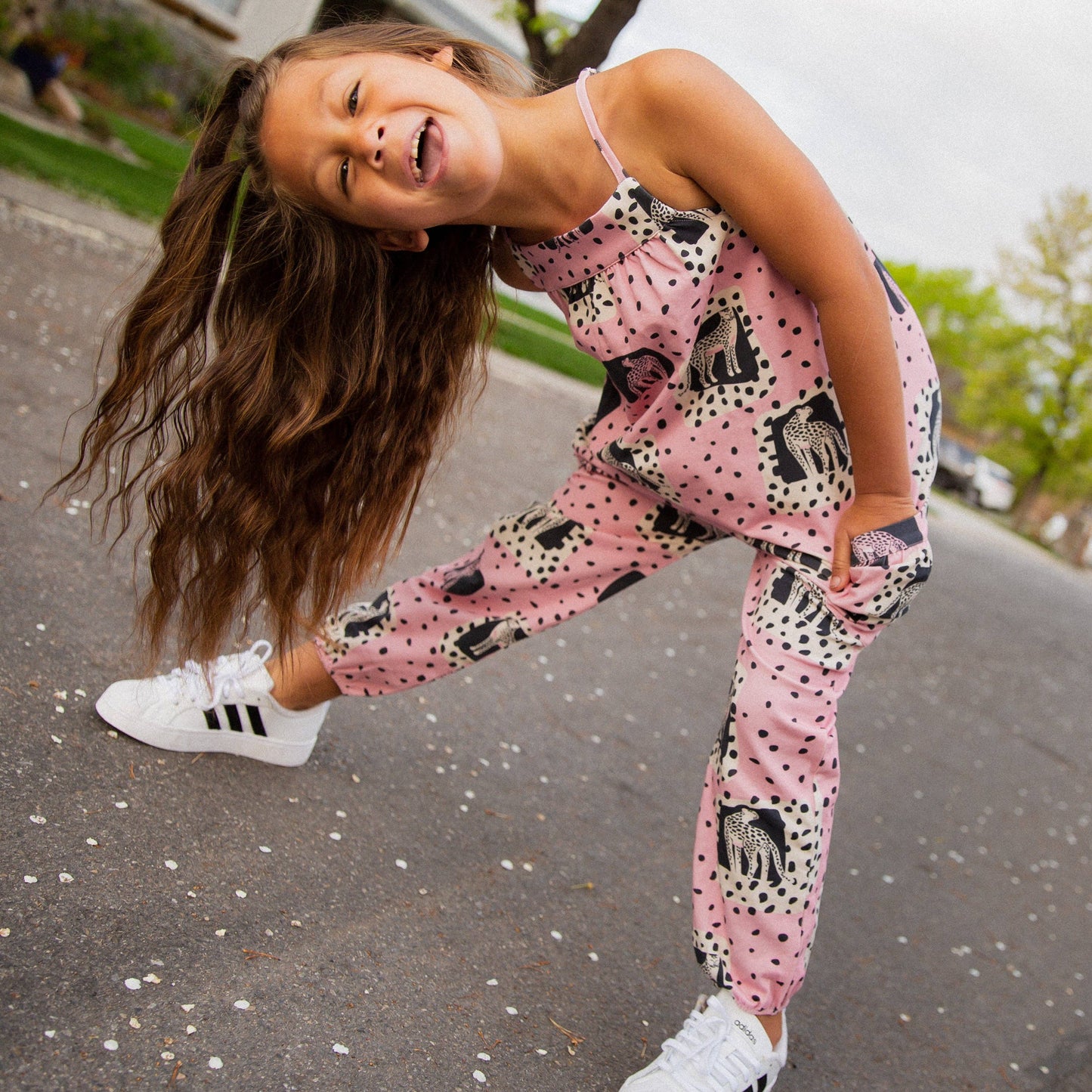 RAGS - Gathered Strappy Tank Rag Romper With Side Pockets - Cheetah pose