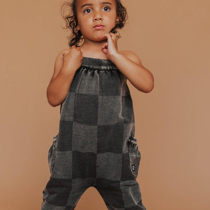 RAGS - Gathered Strappy Tank Rag Romper With Side Pockets- Black Denim Check