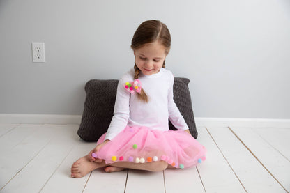 Tutu Skirt | Pom Pom Tutu & Bow Hair Tie 2PC Set | Pink