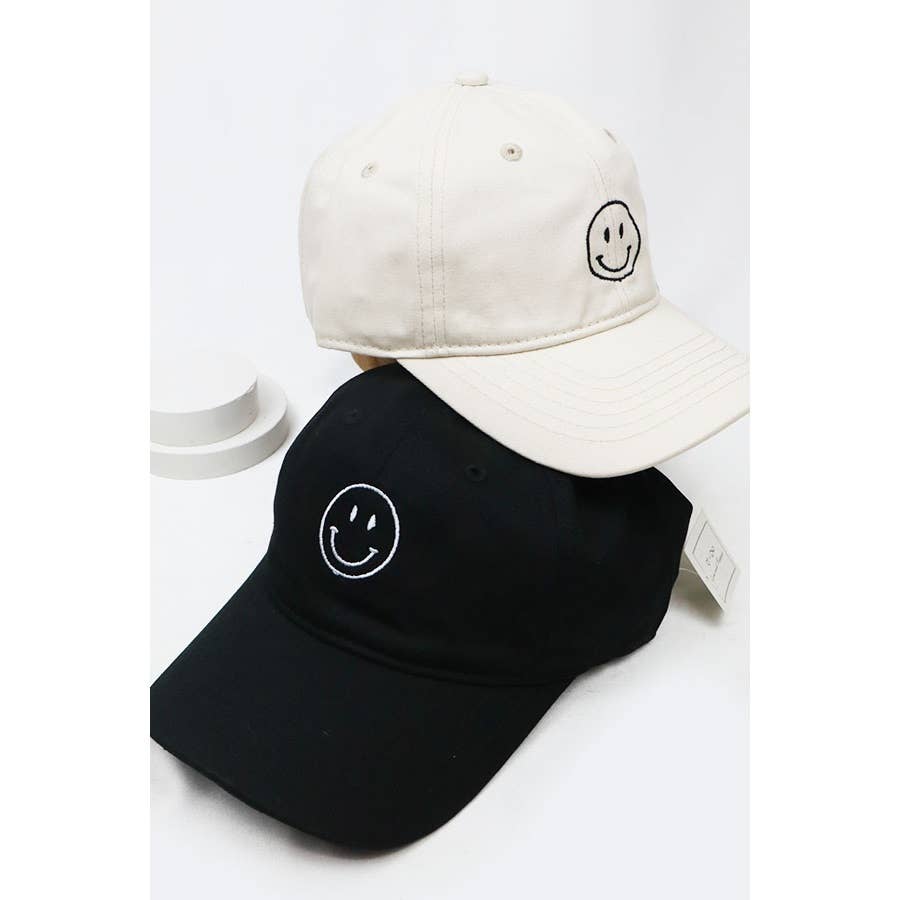 Smiley Face Embroidered Baseball Cap: BEIGE