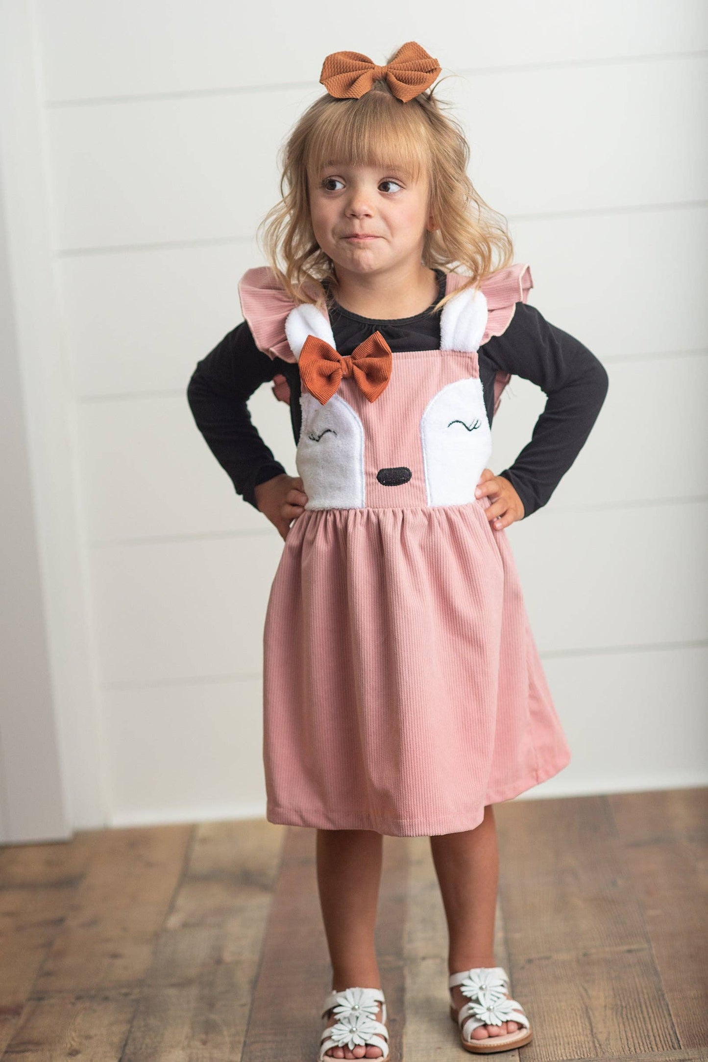 Kids Pink Corduroy Deer Ruffle Pinafore Jumper