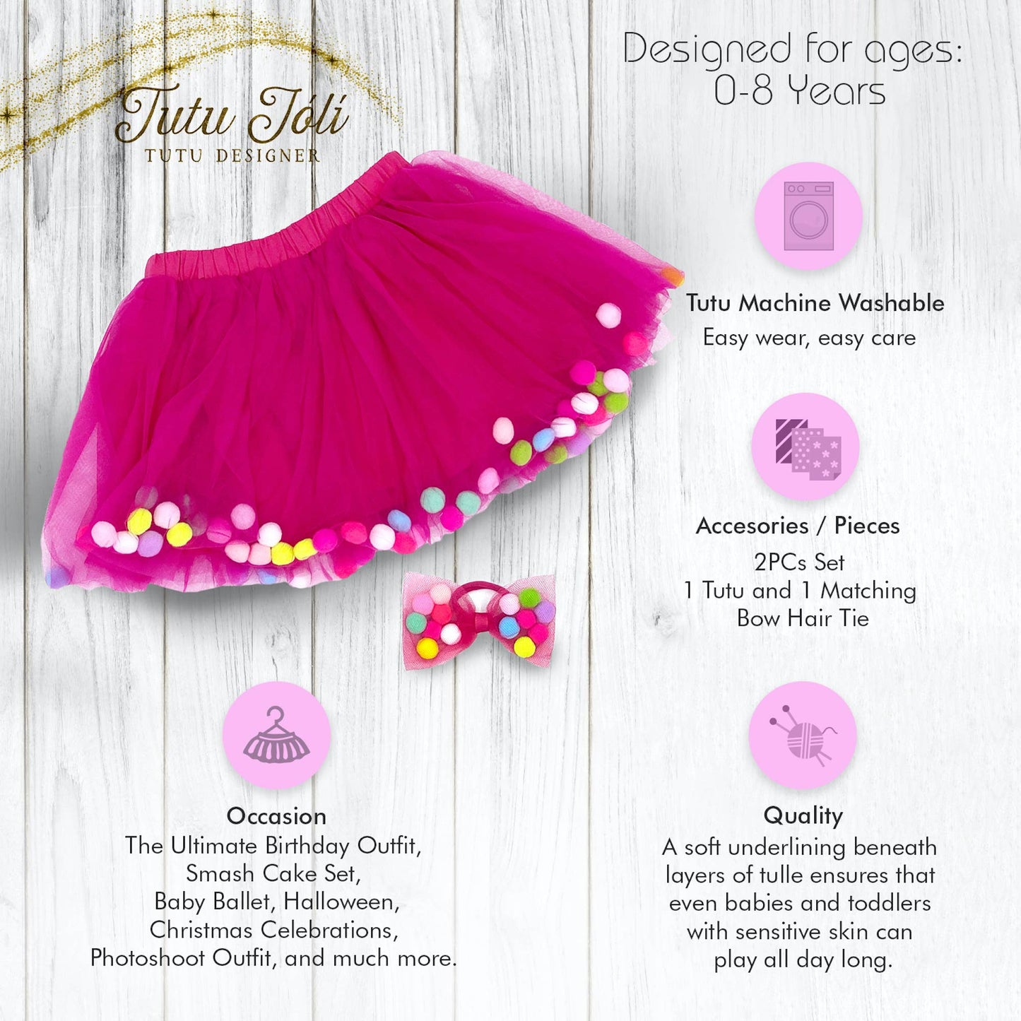 Hot Pink Pom Pom Tutu & Bow Hair Tie-Hot Pink Kids Skirt: Hot Pink/Fuchsia