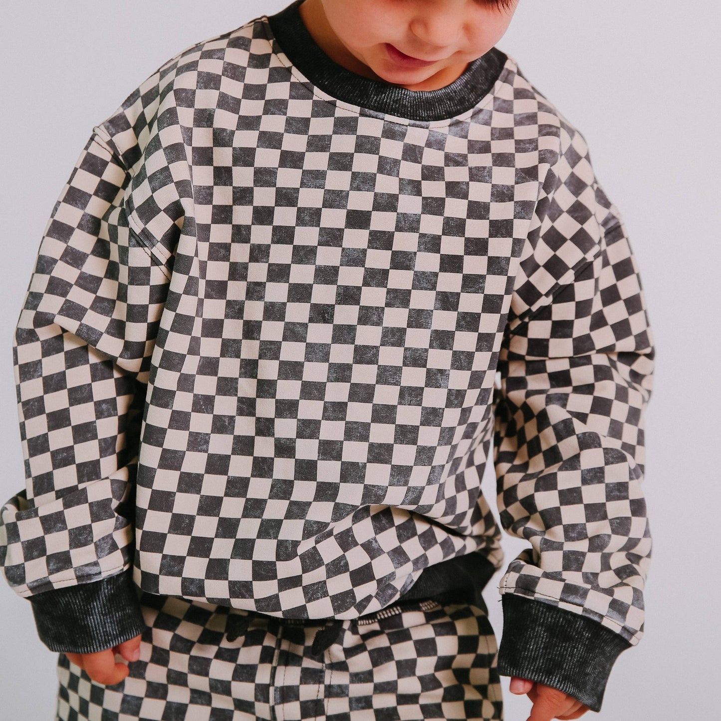 RAGS - Drop Shoulder Crewneck - Washed B&W Check