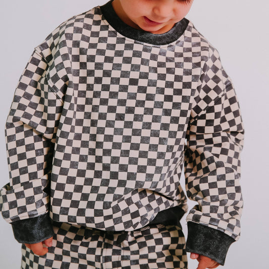 RAGS - Drop Shoulder Crewneck - Washed B&W Check