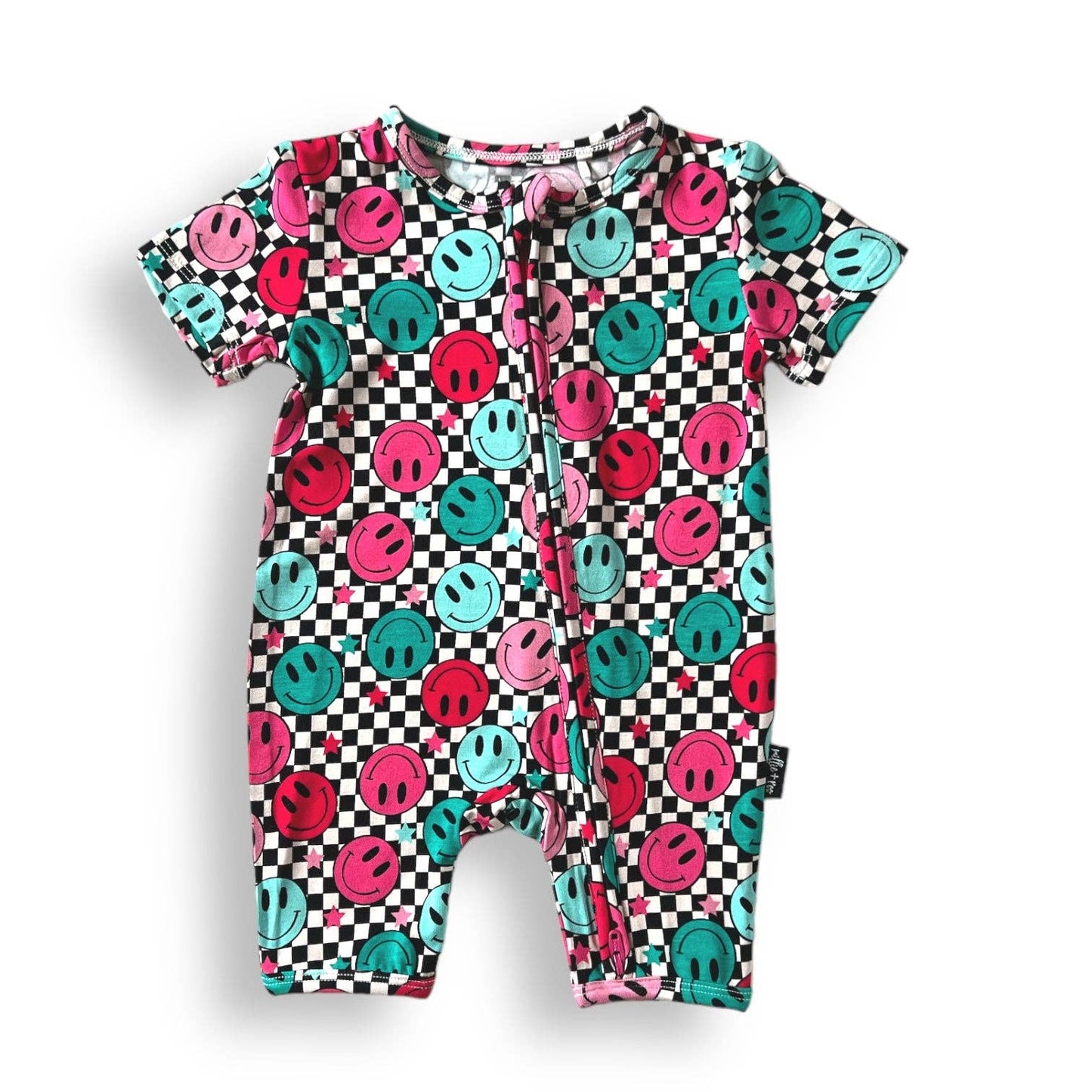 BAMBOO SHORTIE ZIP ROMPER - Pink Check Smile