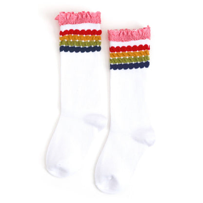 Little Stocking Co. - Rainbow Bubble Stripe Lace Top Knee High Socks