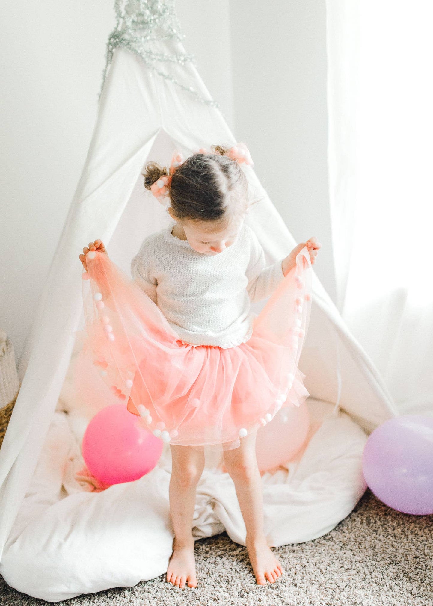 Tutu Skirt | Pom Pom Tutu & Bow Hair Tie 2PC Set | Pink