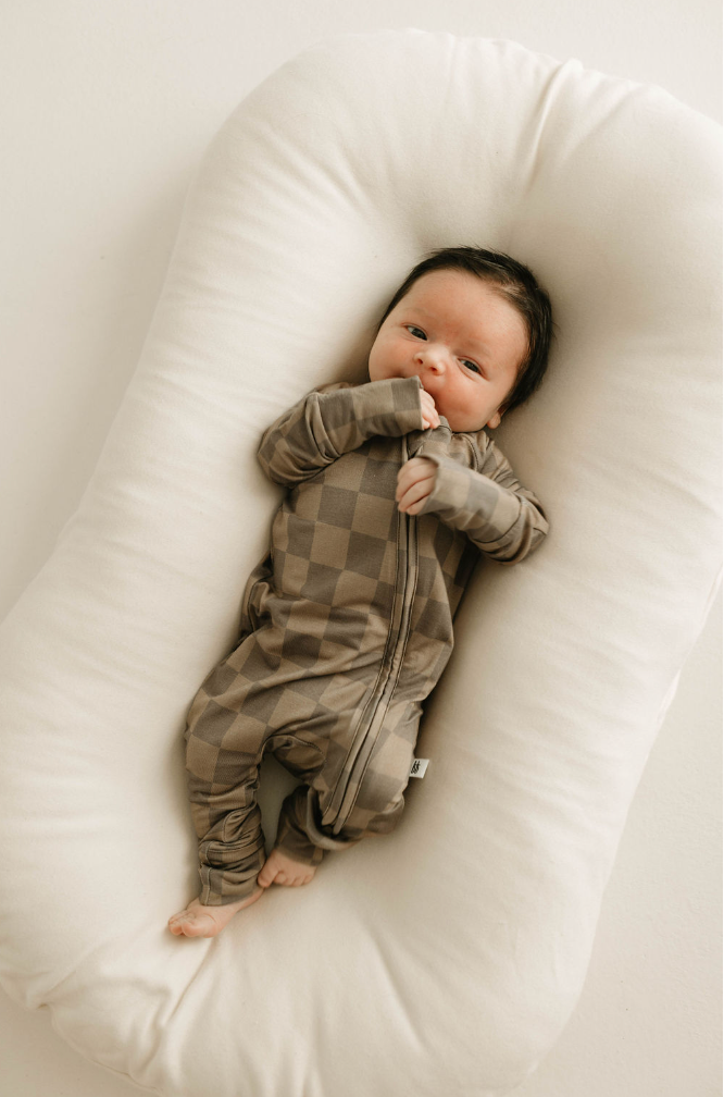 Forever French Baby - Faded Brown Checkerboard  | Bamboo Zip Pajamas