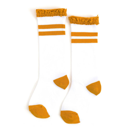 Little Stocking Co. - Marigold Striped Lace Top Knee High Socks