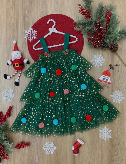 Christmas Ornament Layered Tulle Dress: Green