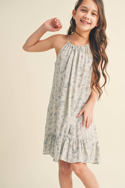 heart and arrow - TWEEN KIDS GIRLS HALTER FLOUNCE DRESS: Sage/stone blue