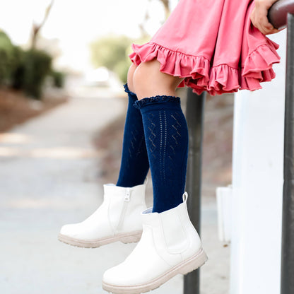 Little Stocking Co. - Navy Fancy Lace Top Knee High Socks: 4-6 YEARS