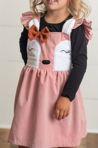 Kids Pink Corduroy Deer Ruffle Pinafore Jumper